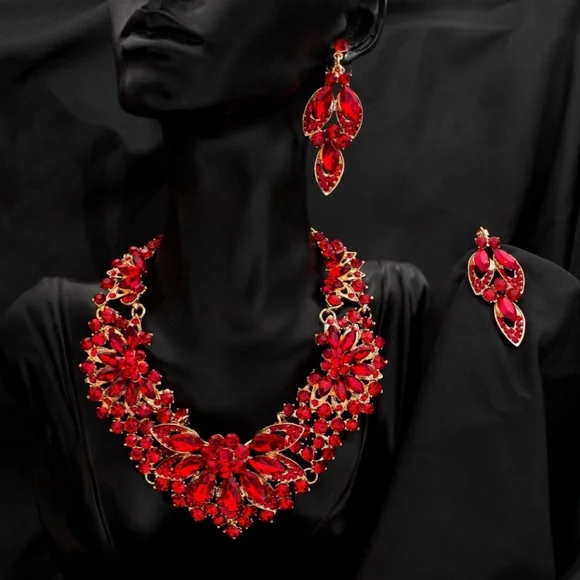 NEW Necklace and Crystal Earrings Cluster Flower Jewelry Set Red Gold - Picture 2 of 8
